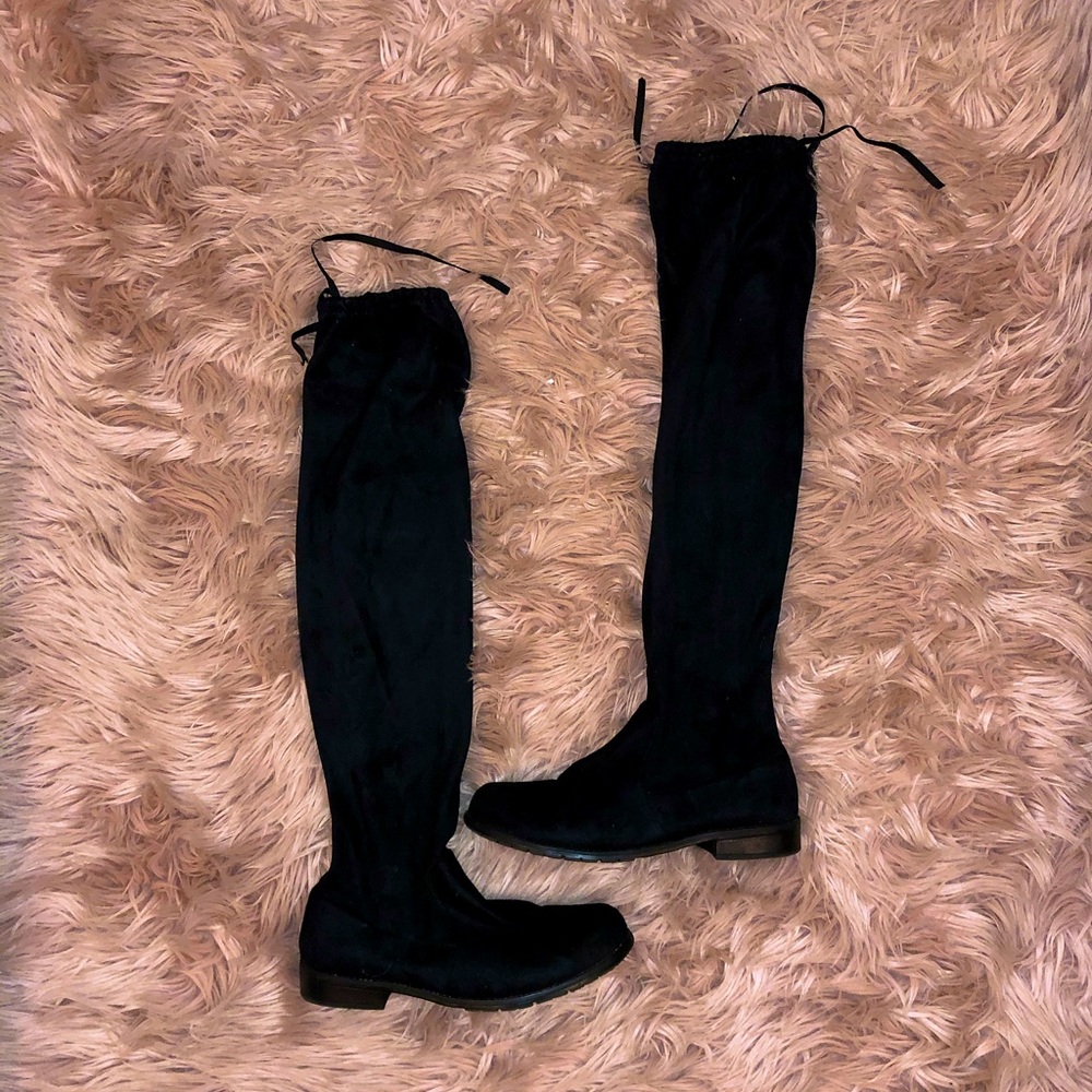 Bamboo Thigh High Black Suede Boots